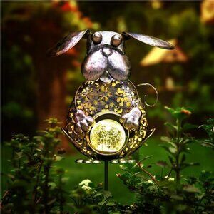 Garden Solar Lights Metal Dog Crackle Glass Globe Stake Lights, Warm White LED